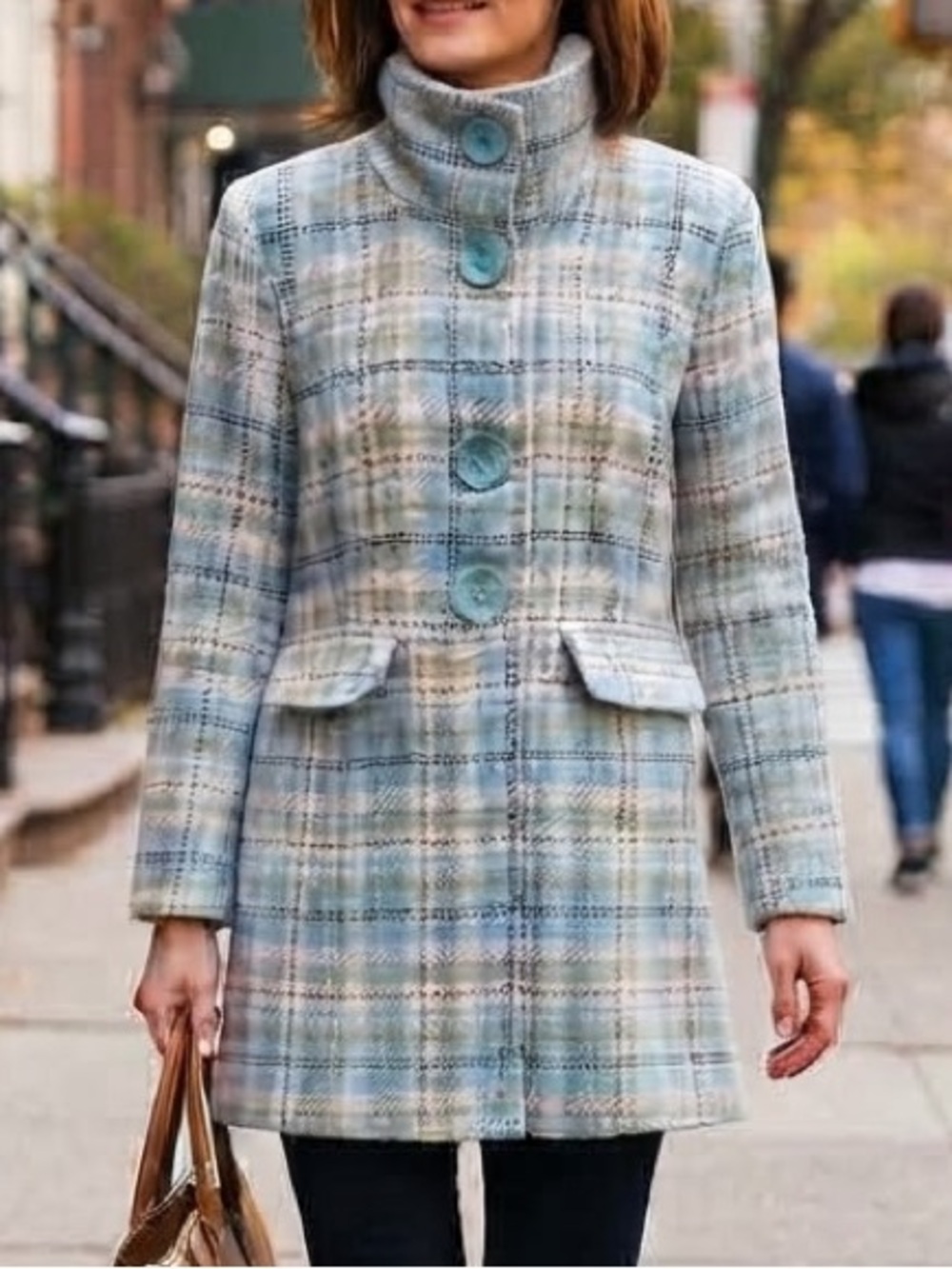 Rue21 Blue Plaid Tweed Wool Blend Stand Collar Pea Coat Trench Jacket XL Preppy